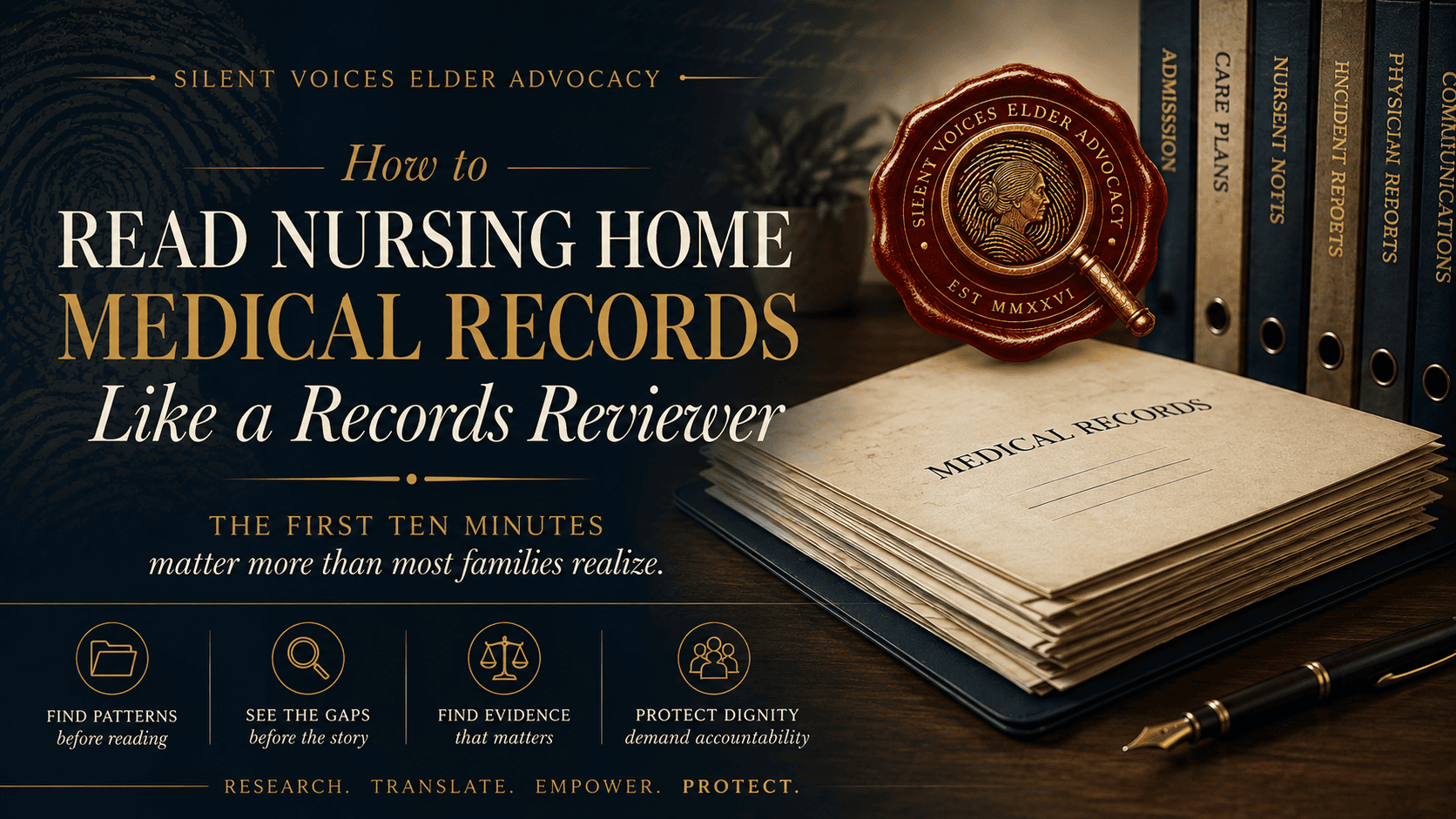Medical records binders organized for nursing home chart review and documentation analysis.